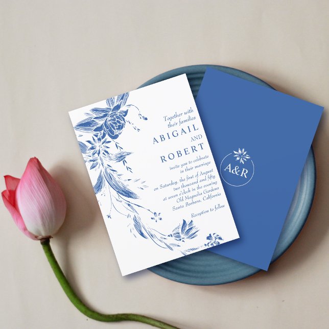 Blue and white floral garland wedding invitation (Creator Uploaded)