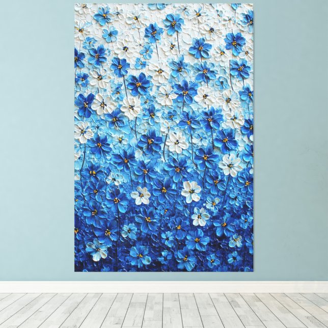 Blue and White Floral Gradient Abstract Wall Art (Insitu(Wood Floor))