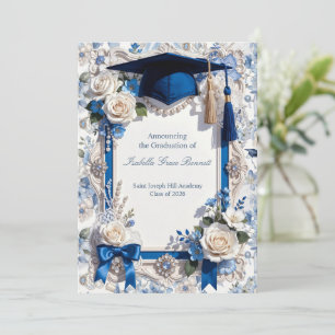 Blue and White Floral Graduation Announcement Card