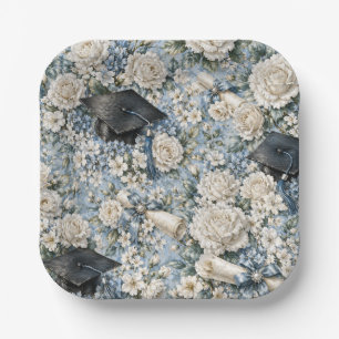 Blue and White Floral Graduation Party Paper Plate