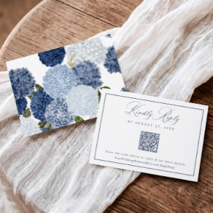 Blue and White Floral Hydrangea Wedding QR Code RSVP Card
