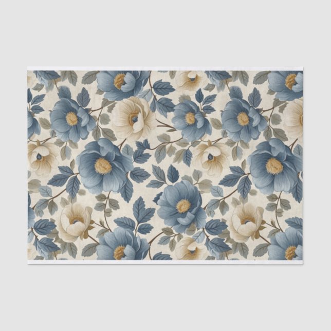 Blue and White Floral Illustration Pattern Tissue Paper (Front)