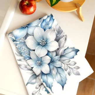 Blue and White Floral Kitchen Towel, Elegant Blue Tea Towel