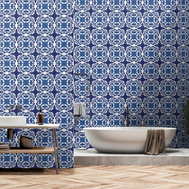 Blue and White Floral Mediterranean Tile Pattern  Wallpaper (Bathroom)