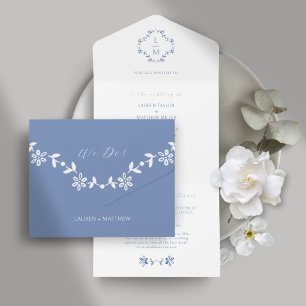 Blue and White Floral Monogram All In One Invitation