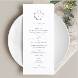 Blue and White   Floral Monogram Flat Wedding Menu