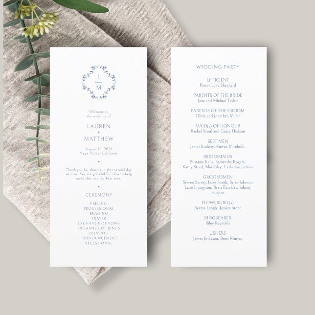 Blue and White | Floral Monogram Wedding Program Menu (Creator Uploaded)