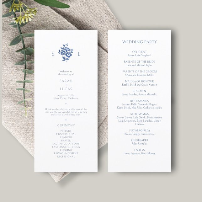 Blue and White | Floral Monogram Wedding Program Menu (Creator Uploaded)