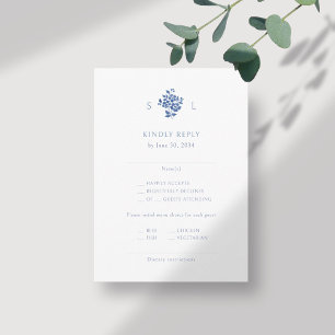 Blue and White Floral Monogram Wedding RSVP Enclosure Card