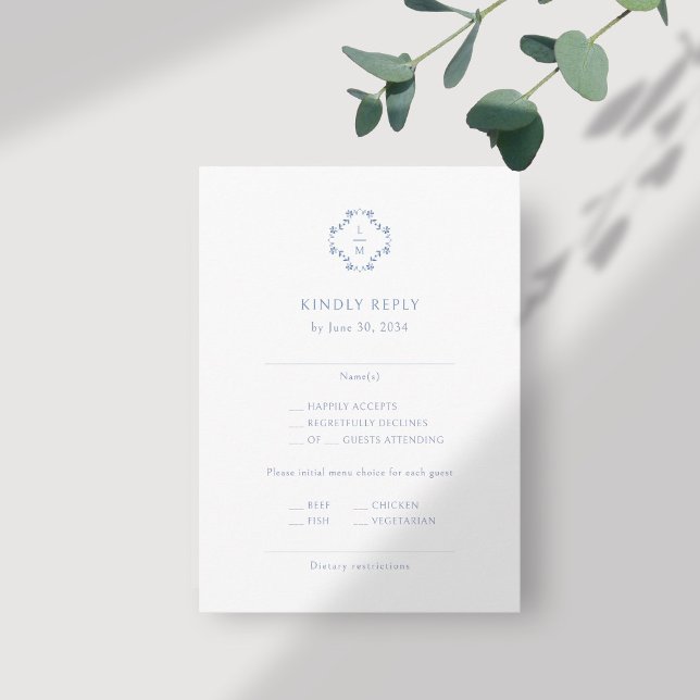 Blue and White | Floral Monogrammed Wedding RSVP Enclosure Card (Creator Uploaded)