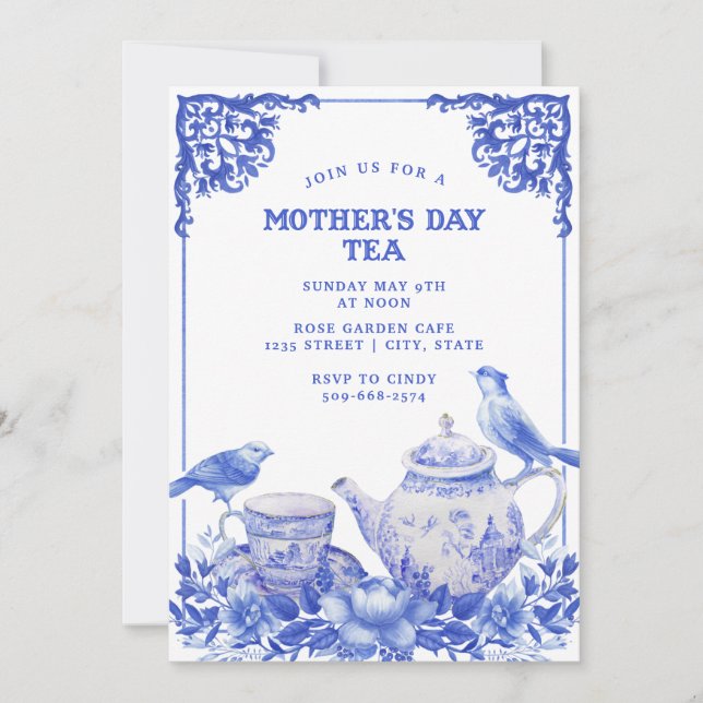 Blue and White Floral |Mother's Day Tea Invitation (Front)
