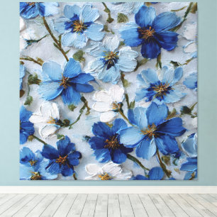 Blue and White Floral Oil Abstract Wall Art