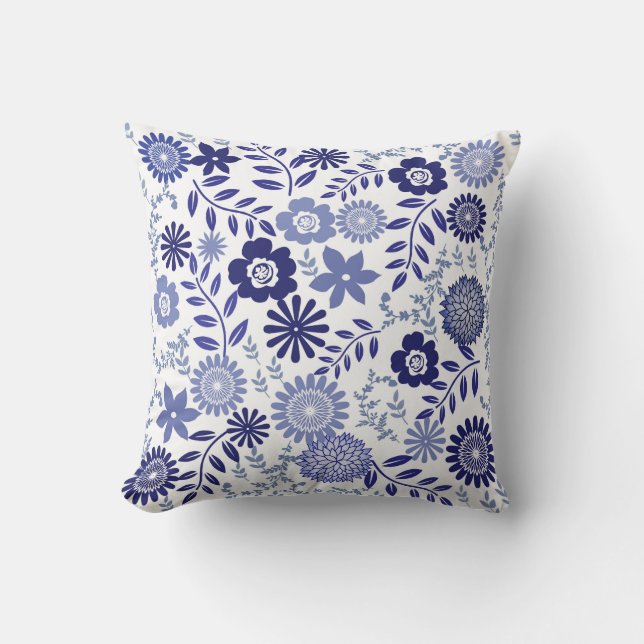 Blue and White Floral Pattern on Throw Pillow (Front)