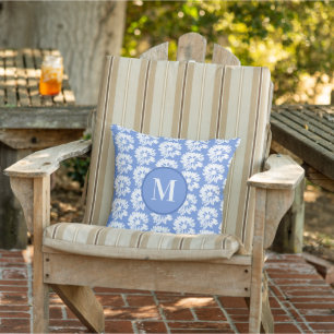 Blue and White Floral Pattern Summer Monogram Cushion