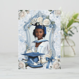 Blue and White Floral Photo Graduation Announcemen