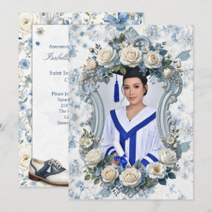 Blue and White Floral Photo Graduation Invitation