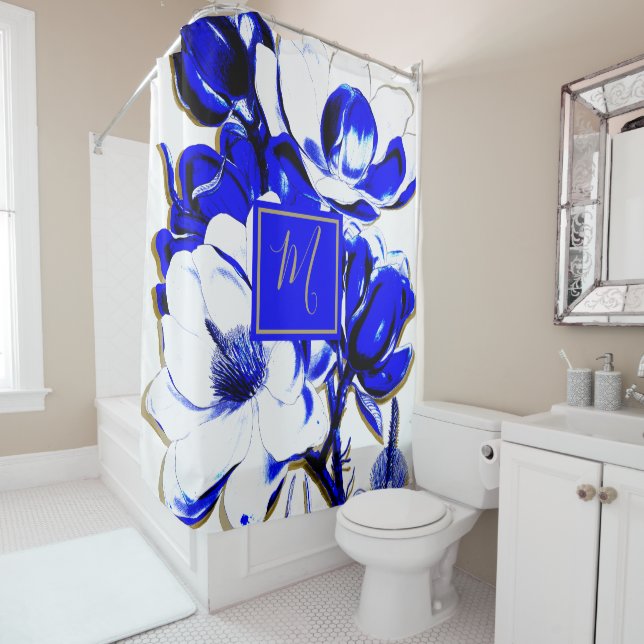 Blue and White Floral Spring Chic Elegant Monogram Shower Curtain (In Situ)