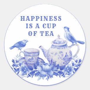 Blue and White Floral Tea Pot with Birds  Classic  Round Sticker