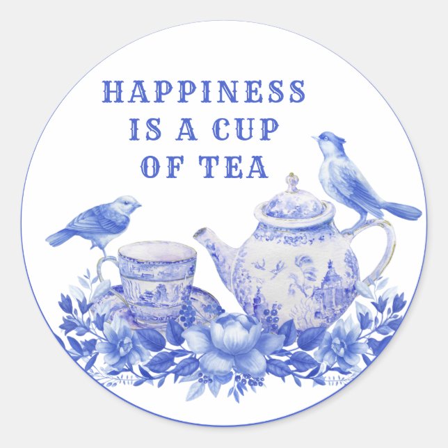 Blue and White Floral Tea Pot with Birds  Classic  Round Sticker (Front)