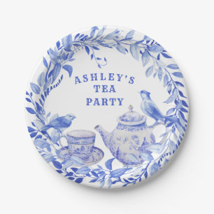Blue and White Floral Tea Pot with Birds Paper Plate
