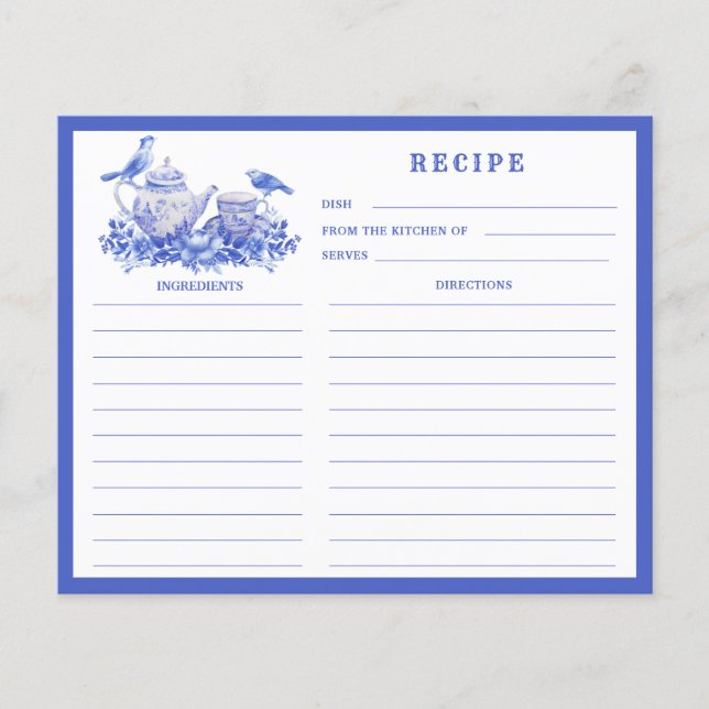 Blue and White Floral Tea Set Recipe Card (Front)