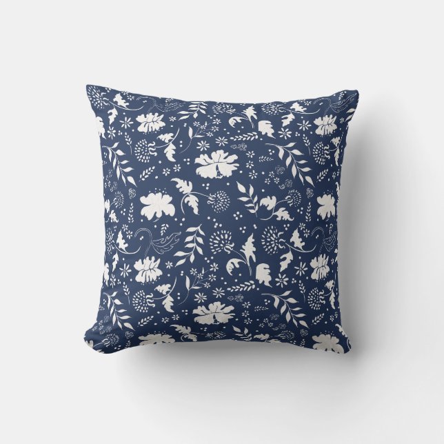 Blue and White Floral Throw Pillow (Front)