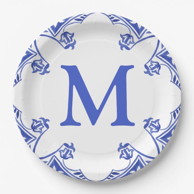 Blue and White Floral Tile Monogram Paper Plate (Front)