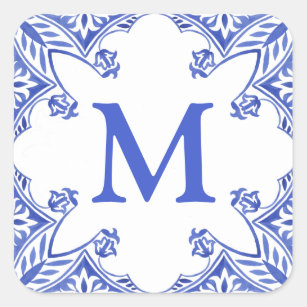 Blue and White Floral Tile Monogram Square Sticker