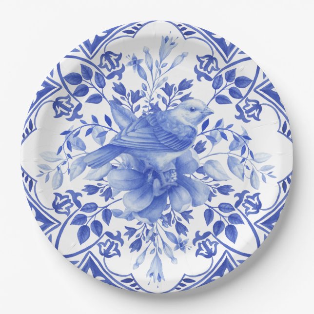 Blue and White Floral Tile with Bird Paper Plate (Front)