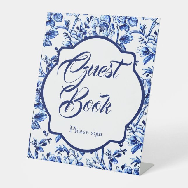 Blue and White Floral Toile Guest Book Tabletop Pedestal Sign (Front)