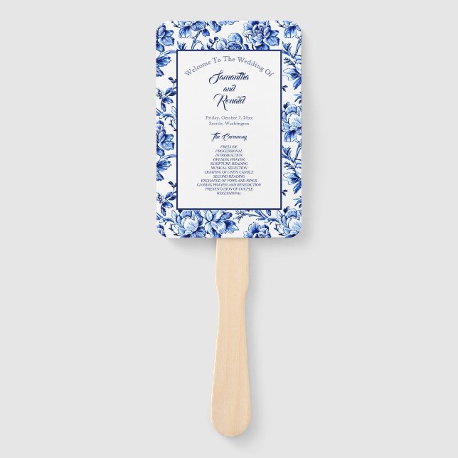 Blue and White Floral Toile Wedding Program Hand Fan (Front)