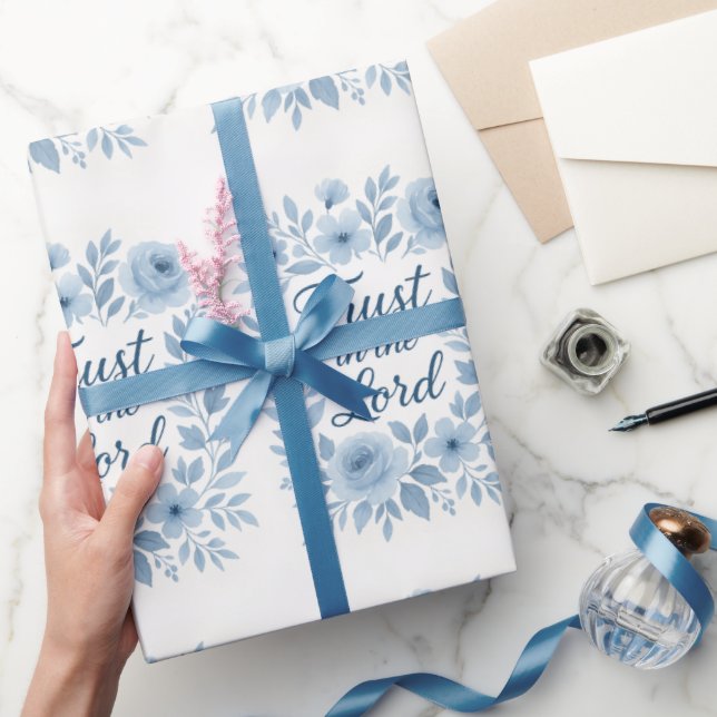 Blue and White Floral Uplifting Script Faith  Wrapping Paper (Gifting)