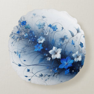 Blue and White Floral Vine Round Cushion