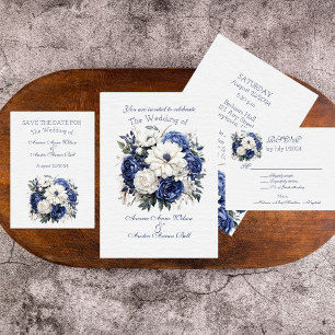 Blue and White Floral Wedding Bouquet Invitation