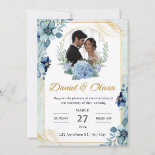 Blue and White Floral Wedding Invitation
