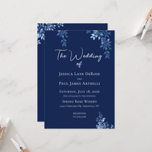 Blue and White Floral Wedding Invitation (Front/Back In Situ)