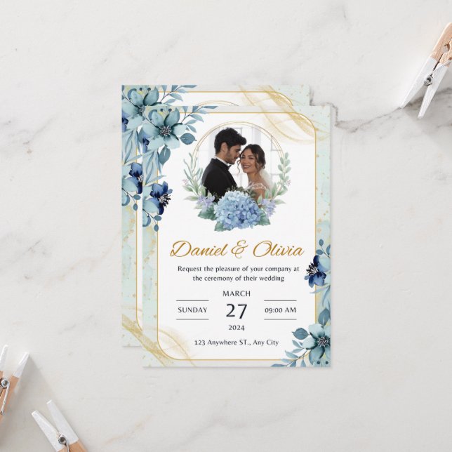 Blue and White Floral Wedding Invitation (Front/Back In Situ)