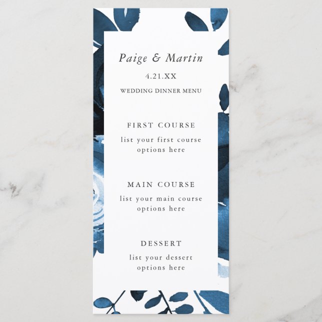 Blue and White Floral Wedding Menu Card (Front)