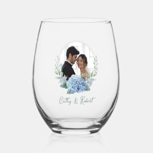 Blue and White Floral Wedding Photo Stemless Wine Glass