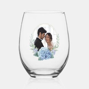 Blue and White Floral Wedding Photo Stemless Wine Glass