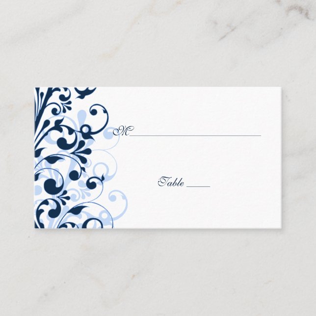 Blue and White Floral Wedding Place Cards (Front)