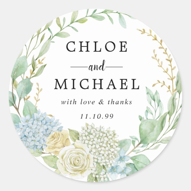 Blue and White Floral Wedding Thank You Favour Sea Classic Round Sticker (Front)