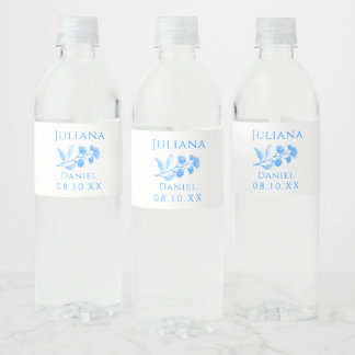 Blue and White Floral Wedding Water Bottle Labels
