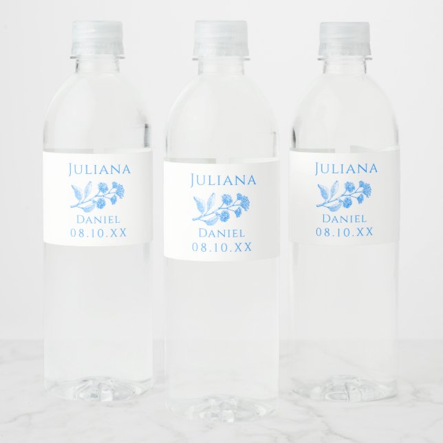Blue and White Floral Wedding Water Bottle Labels (Bottles)