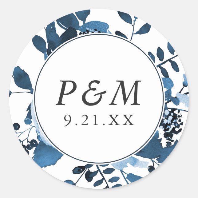 Blue and White Floral with Monogram Wedding Classic Round Sticker (Front)