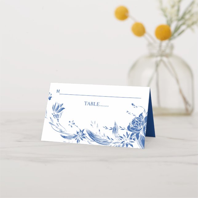 Blue and white flower arrangement wedding place card (Front)