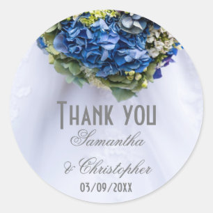Blue and white flowers and wedding dress thank you classic round sticker