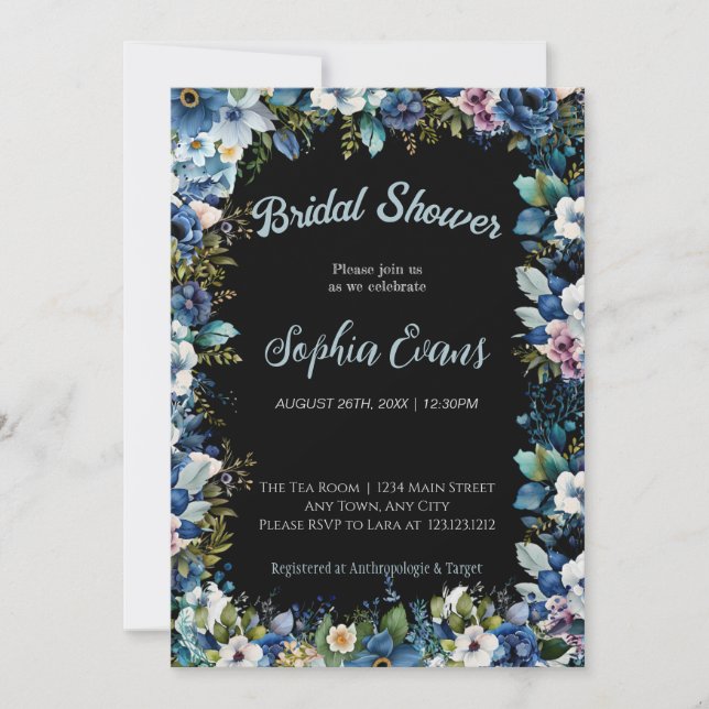 Blue and White Flowers Black Bridal Shower Invitation (Front)