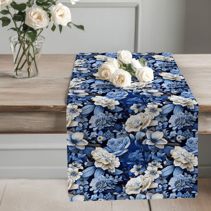 Blue and White Flowers Elegant Table Runner