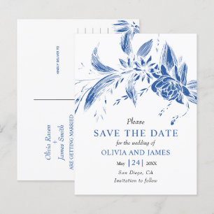Blue and white flowers Save the Date Postcard